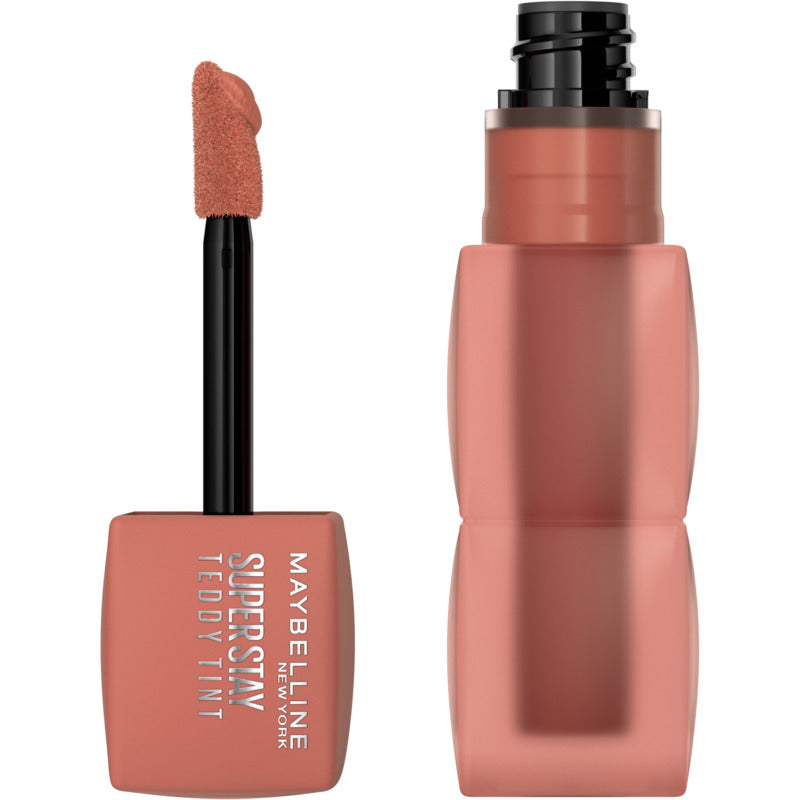 Maybelline Super Stay Teddy Tint lip product with applicator on a white background