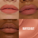 Collage of lips with a 'BUFFED OUT' text overlay on a swatch.