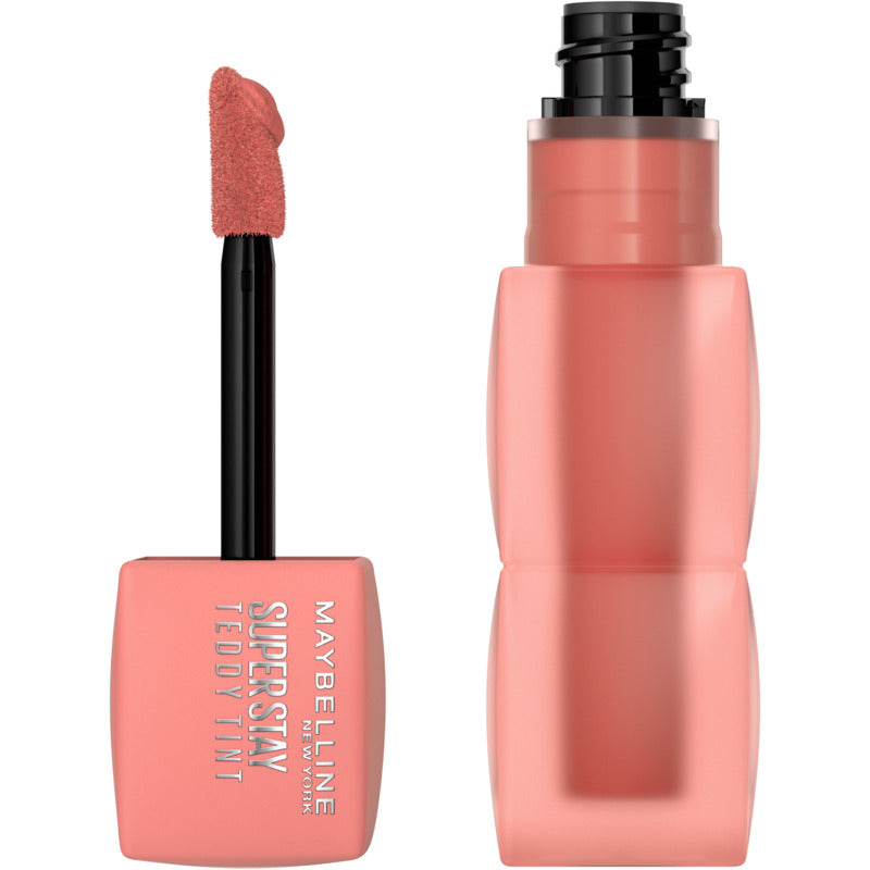 Maybelline Super Stay Teddy Tin lip product with applicator on a white background