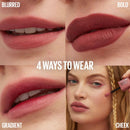 Lipstick application on lips with text indicating '4 ways to wear' and a close-up of a woman applying lipstick.