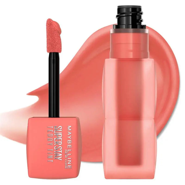Maybelline Superstay Teddy Inti lip tint with applicator on a white background