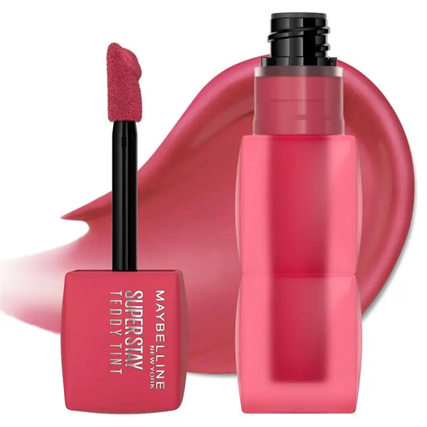 Maybelline Superstay Teddy Tint lip product with applicator on a white background
