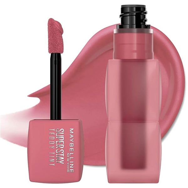Maybelline Superstay Teddy Tint lip product with applicator on a white background