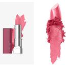 Pink lipstick with Maybelline branding on a white background