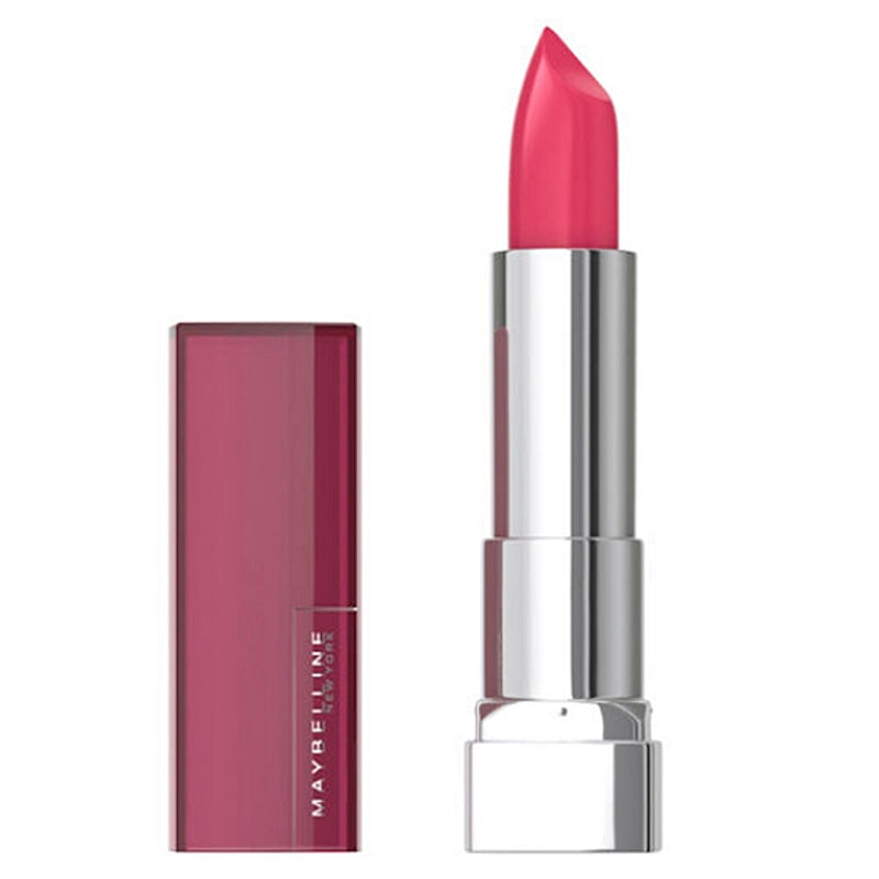 Pink lipstick with Maybelline branding on a white background