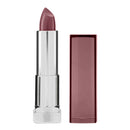 Lipstick with silver casing and mauve color on a white background