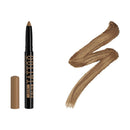 Brown makeup pencil with cap and color swatch on a white background