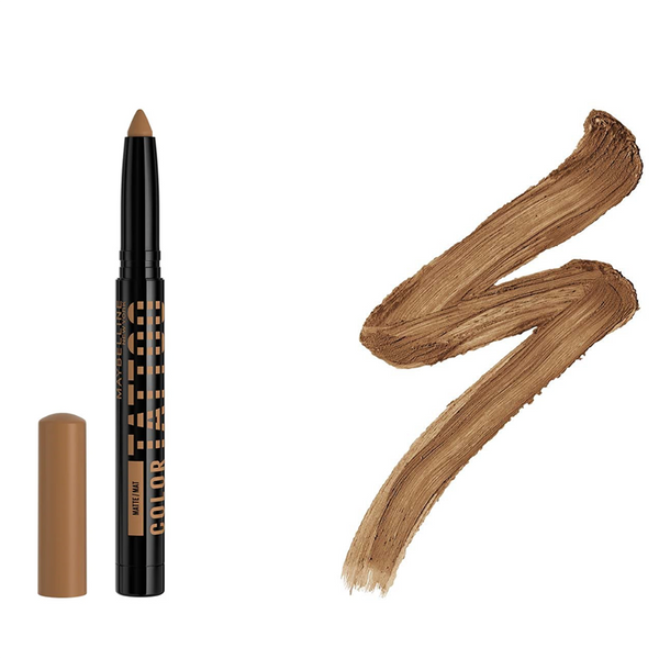 Makeup pencil with brown color swatch on a white background