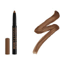 Brown eyeliner pencil with cap and swatch on a white background