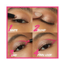 Step-by-step makeup tutorial for applying eye makeup with a brush and pink product.