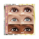 Before and after comparison of different types of lashes on eyes.
