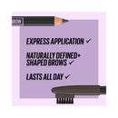 Brow pencil with brush on a purple background with text highlighting features.