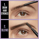 Step-by-step guide on how to use a brow pencil with close-up of eye and eyebrow.