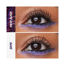 Close-up of eyes with purple glitter makeup, labeled 'Meta Black' and 'Bare'.