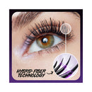 Close-up of an eye with false eyelashes and hybrid-fiber technology illustration.