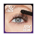 Eyelash mascara with '36% Length' and '10X Volume' text applied to an eye, with a brush visible.