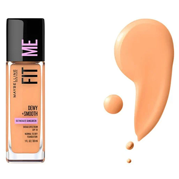 Maybelline Fit Me foundation bottle with swatch on a white background