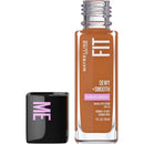 Maybelline Fit Dewy + Smooth foundation bottle with a black compact case on a white background