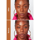 Before and after comparison of a woman's face with hoop earrings on a plain background.
