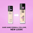 Two Maybelline Fit Me foundation bottles on a pink background with text 'Same same formula you love, new look!'.