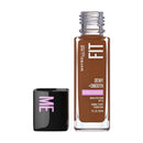 Maybelline Fit Dewy + Smooth foundation bottle with a black compact on a white background