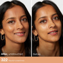 Before and after comparison of a woman's face with neutral undertones.