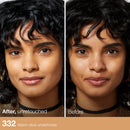 Before and after comparison of a woman's face with warm olive undertones.