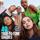 Group of people with text '40 True-to-Tone Shades' on a blurred outdoor background
