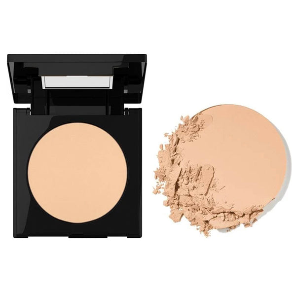 Compact powder in a black case with a side view showing pressed powder on a white background