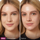 Before and after comparison of a woman's face with visible makeup differences.