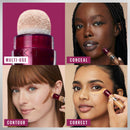Makeup product with applicator and four women using it on their faces.