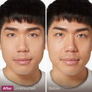Before and after comparison of a person with retouching applied on a white background