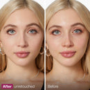 Before and after comparison of a woman's face with makeup application.
