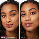 Before and after comparison of a woman's face with 'After' unretouched and 'Before' text.