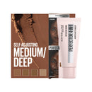 Maybelline makeup product with packaging and application examples on a white background