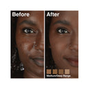 Before and after comparison of a skin treatment with color swatches below.