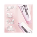 Two Maybelline face products on a pink background with text highlighting benefits.