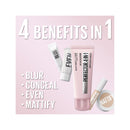 Maybelline makeup products with text highlighting '4 Benefits in 1' on a pink background