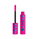 Maybelline mascara with pink casing and black wand on a white background