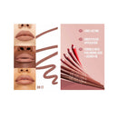 Lip liner product with application examples and feature text on a pink background