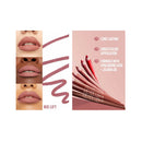 Lip liner product with application examples and feature text on a pink background