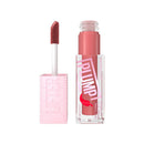 Lip gloss with applicator and pink packaging on a white background