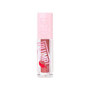 Lip gloss with pink cap and clear container on white background