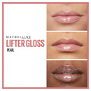 Maybelline Lifter Gloss Pearl lip gloss on lips with close-up shots.