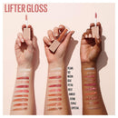 Lifter Gloss lip products with swatches on hands against a light pink background