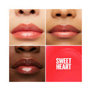 Collage of lips with different shades and a 'Sweet Heart' lipstick on a red background.