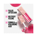 Lip product with pink color and text highlighting features on a white background