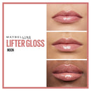 Maybelline Lifter Gloss Moon lip gloss on lips with close-up shots.
