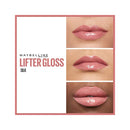 Maybelline Lifter Gloss Silk lip gloss advertisement with close-up shots of lips wearing the product.