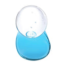 Clear glass container with blue liquid on a white background